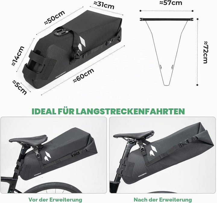 ROCKBROS Bikepacking Satteltasche 13L Wasserdicht, Fahrradtasche Sattel mit Halterung, Fahrrad Sitzt