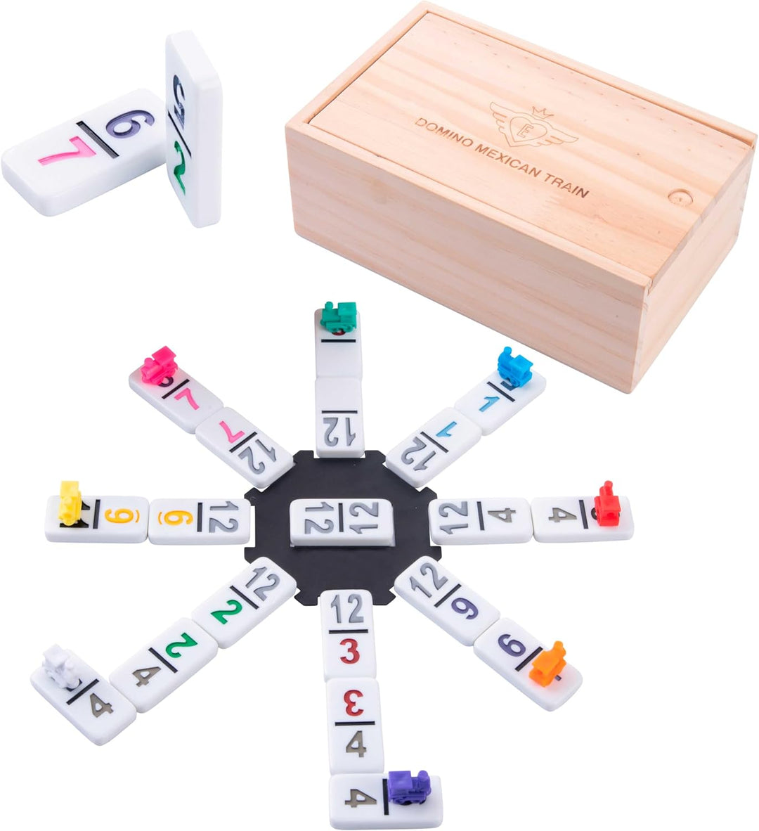 Engelhart - Domino Mexican Train/Zug -Premium- Qualität - Dobbel 12 Ausfuhrung - 2-8 Spieler - 91 fa