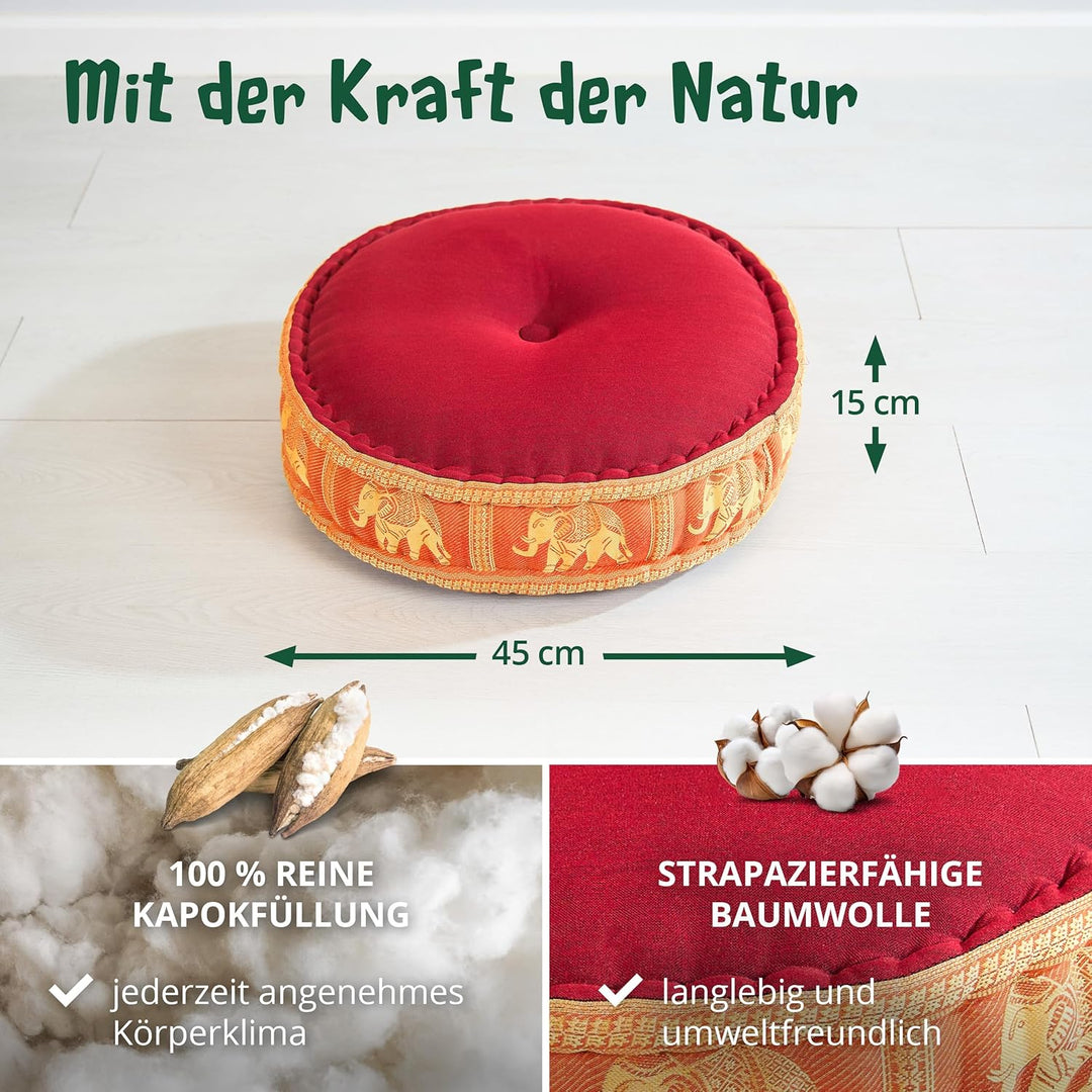 livasia Meditationskissen mit Thaiseide - Ø 45x15cm - Yogakissen mit Kapok, Pouf, Bodenkissen für Yo