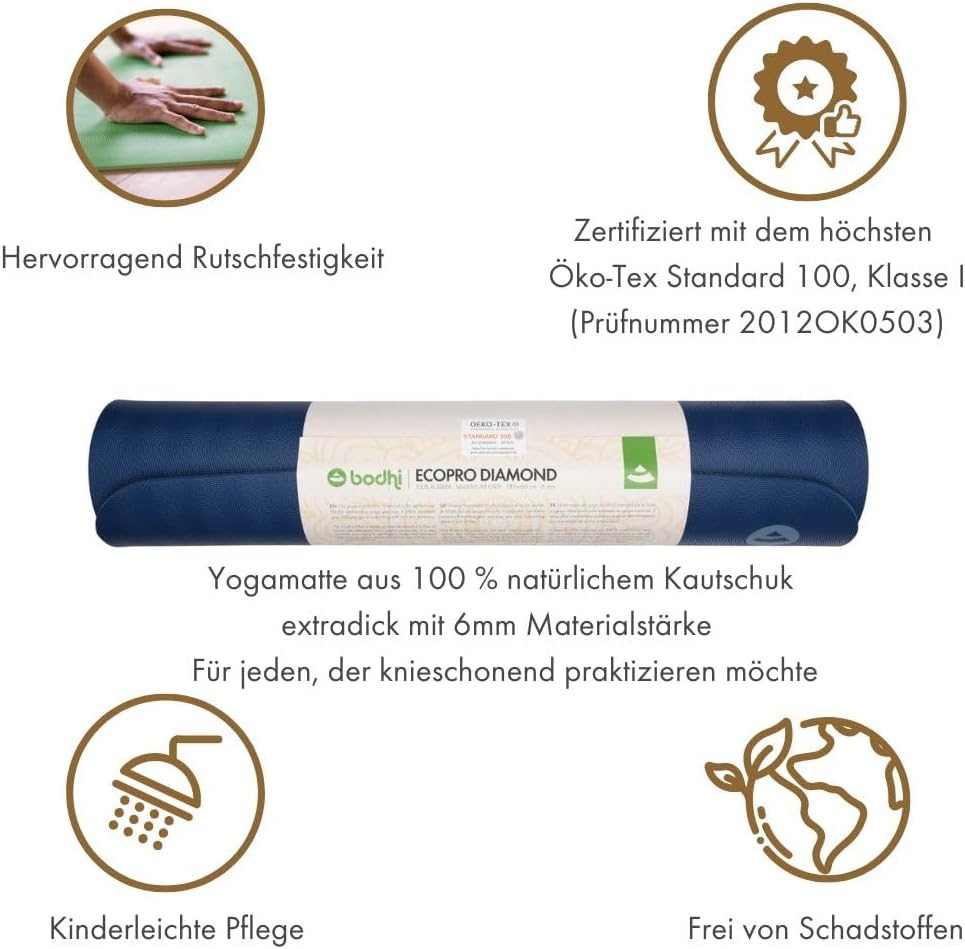 Bodhi Yogamatte ECO PRO DIAMOND | Ultra Grip | Naturkautschuk | Ökologisch | Profi-Matte für Pilates