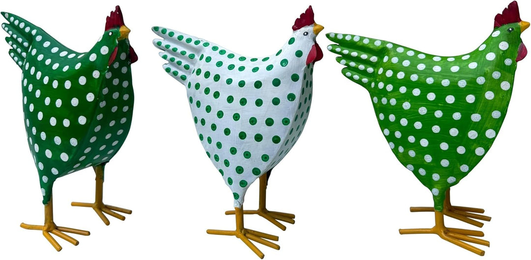 ETC dekoratives frühlingshaftes Deko Huhn Metall bemalt mit Punkten (weiss-grün), Weiss-grün