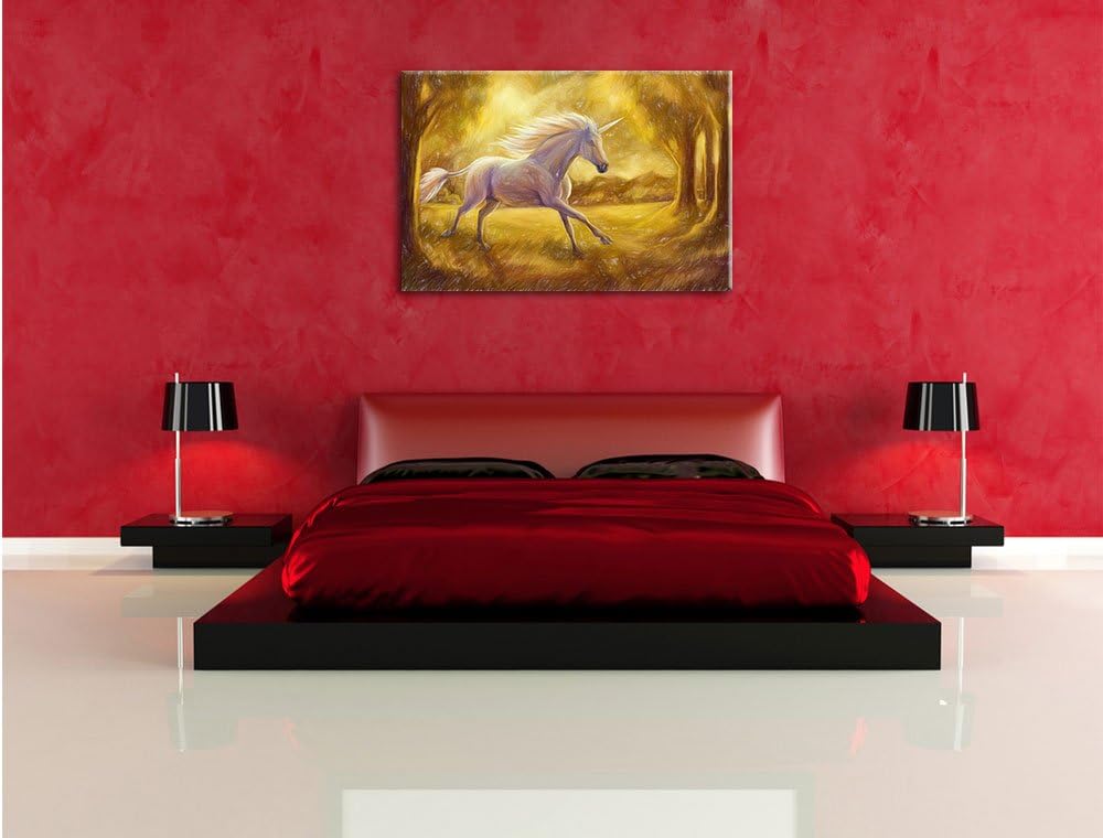 Pixxprint Einhorn im Wald / 100x70cm Leinwandbild bespannt auf Holzrahmen/Wandbild Kunstdruck Dekora