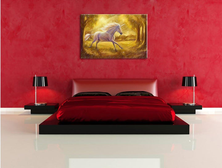 Pixxprint Einhorn im Wald / 100x70cm Leinwandbild bespannt auf Holzrahmen/Wandbild Kunstdruck Dekora