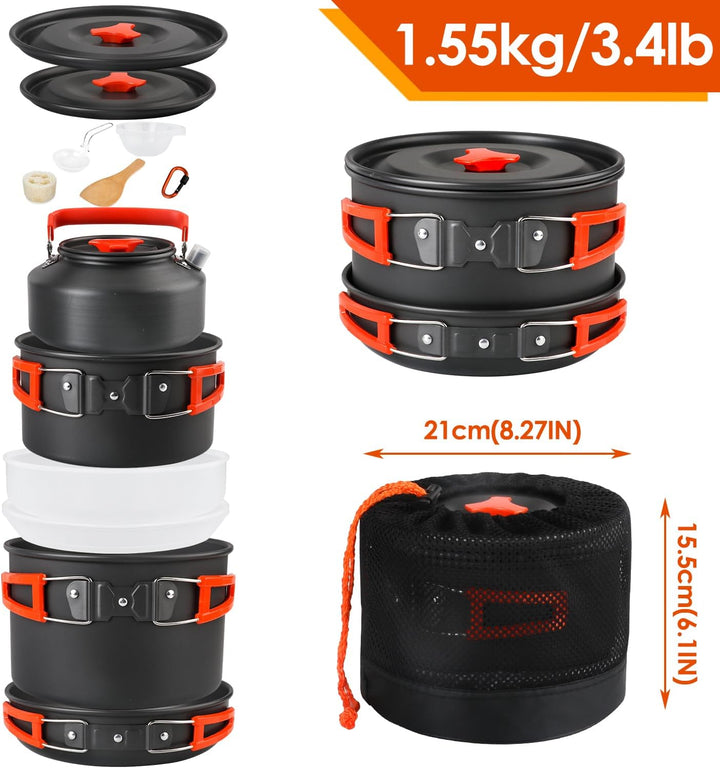 Gutsdoor Camping Geschirr Set 16 Teilig, Outdoor Kochgeschirr Set für 2-4 Personen, mit 2 Topfe, Koc