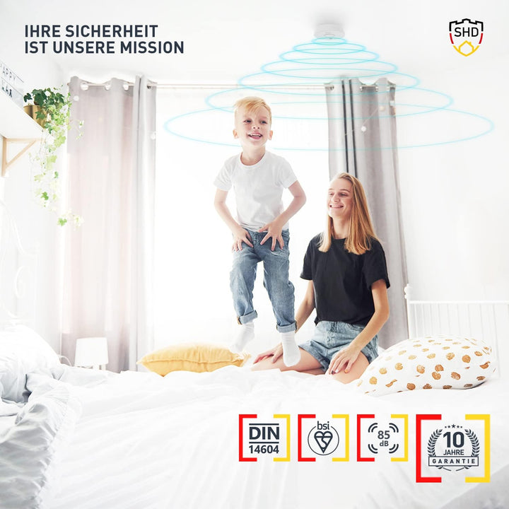 Rauchmelder 10er Set, 10 Jahre Garantie, DIN EN14604 geprüft, BSI Zertifiziert, 10 Stück Brandmelder