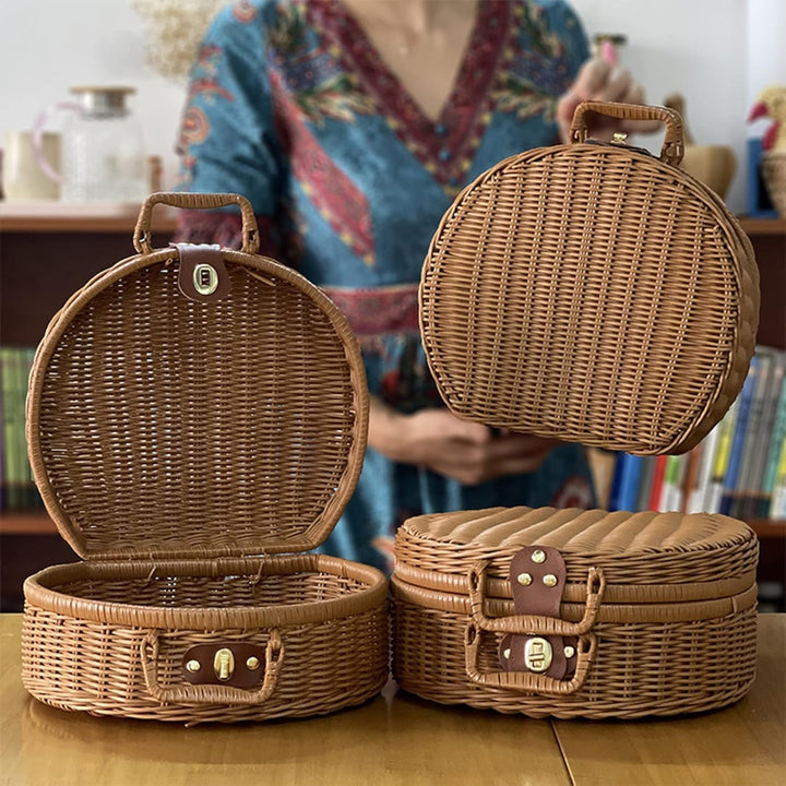 Rattan Aufbewahrungskorb Koffer, Rattan-Koffer mit Hand kleine Koffer Vintage-Koffer Gewebter Aufbew