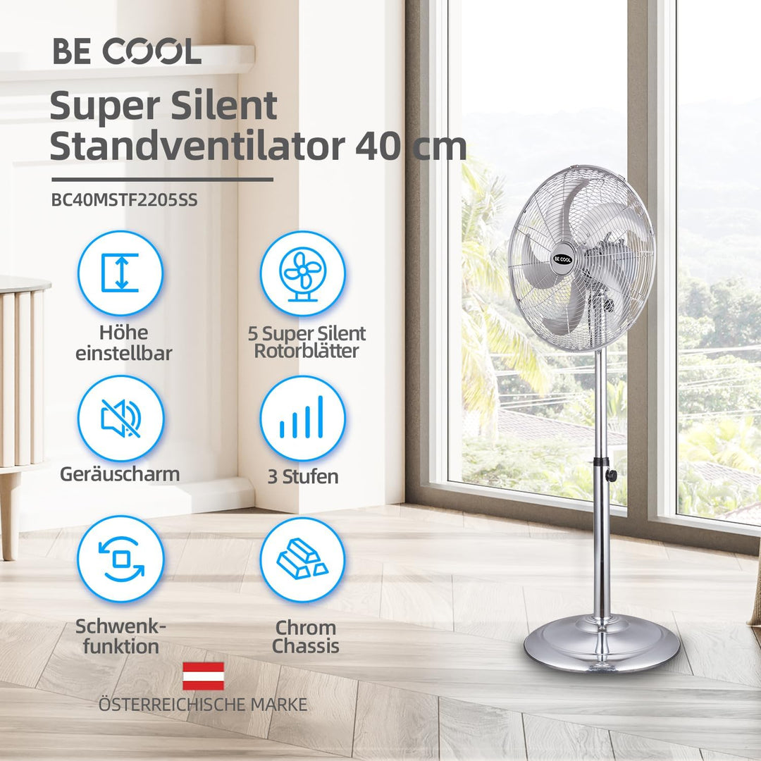 Be Cool Standventilator 40cm Super Silent BC40MSTF2205SS – Super Silent, Ø 40 cm, 50 Watt, stufenlos