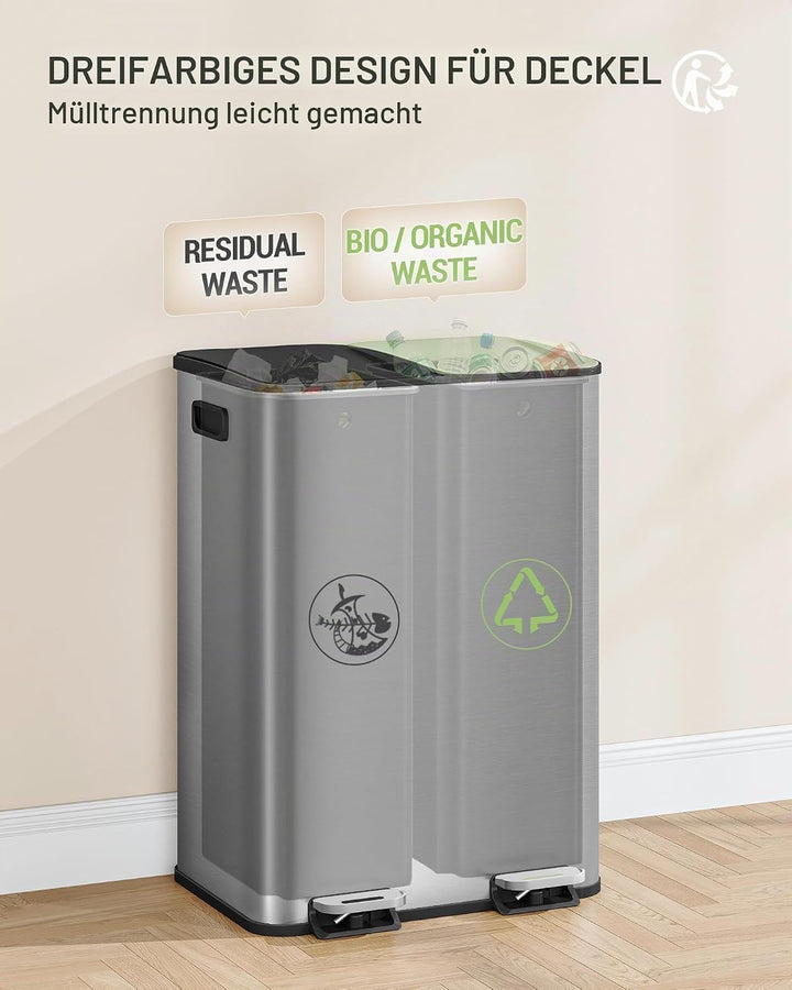 Hzuaneri Mülleimer Küche, 2 x 30 L, Mülltrennsystem 2 Fächer, Mülleimer mit Farbigem Soft-Close-Deck