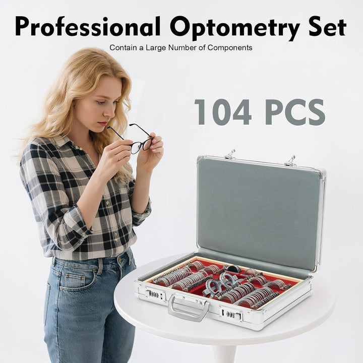 104 Stück Trial Lens Testlinsen-Set, Metal Optometry Testlinsen Optical Trial Lens Set Kunststoffran