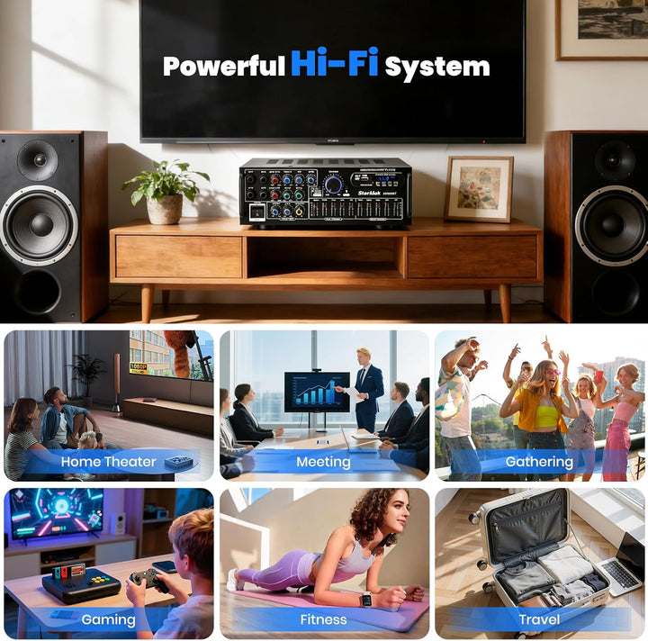 HiFi Verstärker Stereo Bluetooth Verstärker mit Fernbedienung, 2 Kanal Endstufe mit 5-Band-EQ, HiFi