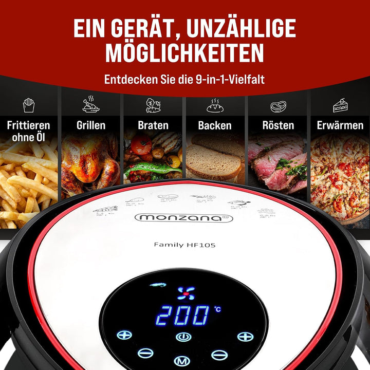 Monzana Heissluftfritteuse 6,5 L XXL Digitales LED Touch-Display Timer Temperatureinstellung mit Rez