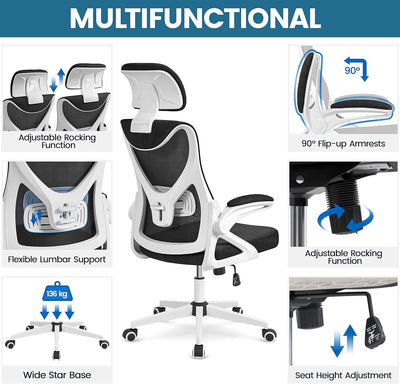 Yaheetech Bürostuhl Ergonomisch, Schreibtischstuhl mit Hochklappbaren Armlehnen, Drehstuhl mit Rücke