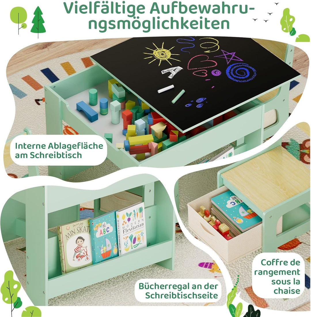 MAMIZO Kindertisch mit 2 Stühlen, 3 in 1 Kinder Tisch Stuhl Set, Kindermöbel Set aus Holz mit Staura