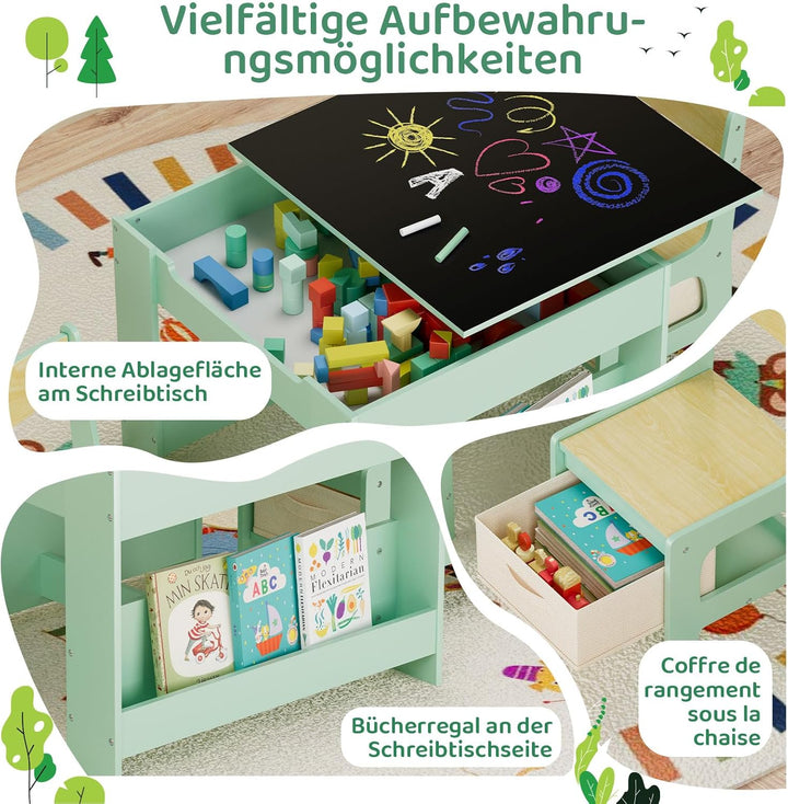 MAMIZO Kindertisch mit 2 Stühlen, 3 in 1 Kinder Tisch Stuhl Set, Kindermöbel Set aus Holz mit Staura