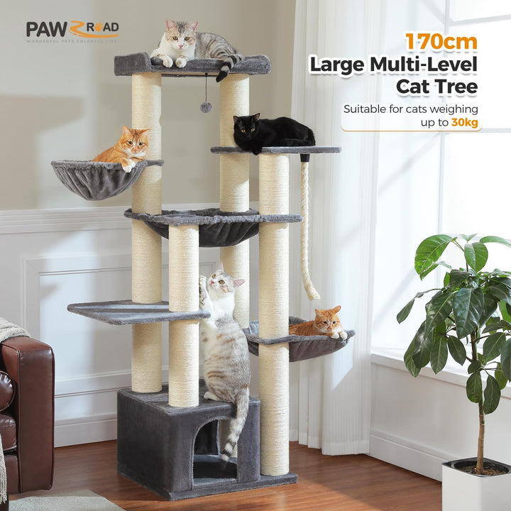 PAWZ Road Kratzbaum Grosse Katzen stabil mit Mehreren Ebenen, Hängematte,13 Sisalpfosten(φ11cm), Gro
