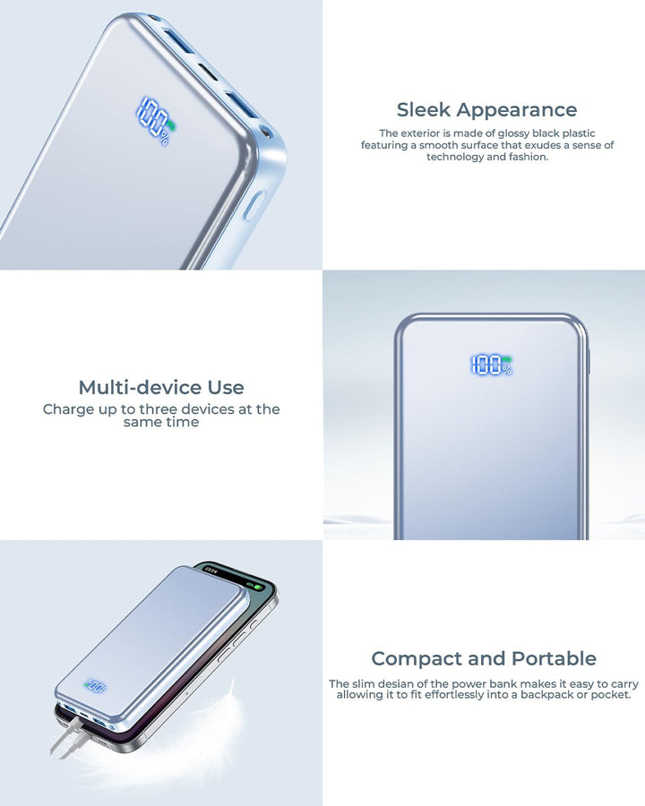 Power Bank, 30% Grössere Kapazität 26800mAh Powerbank, mit 3-in-1 Kabel,Blau