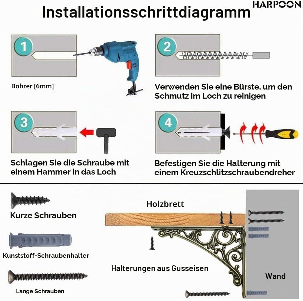 Regalhalterungen aus Gusseisen, gross, 19 x 14 cm, 2 Stück messing antik-optik 8 Inch Antik-optik, 2