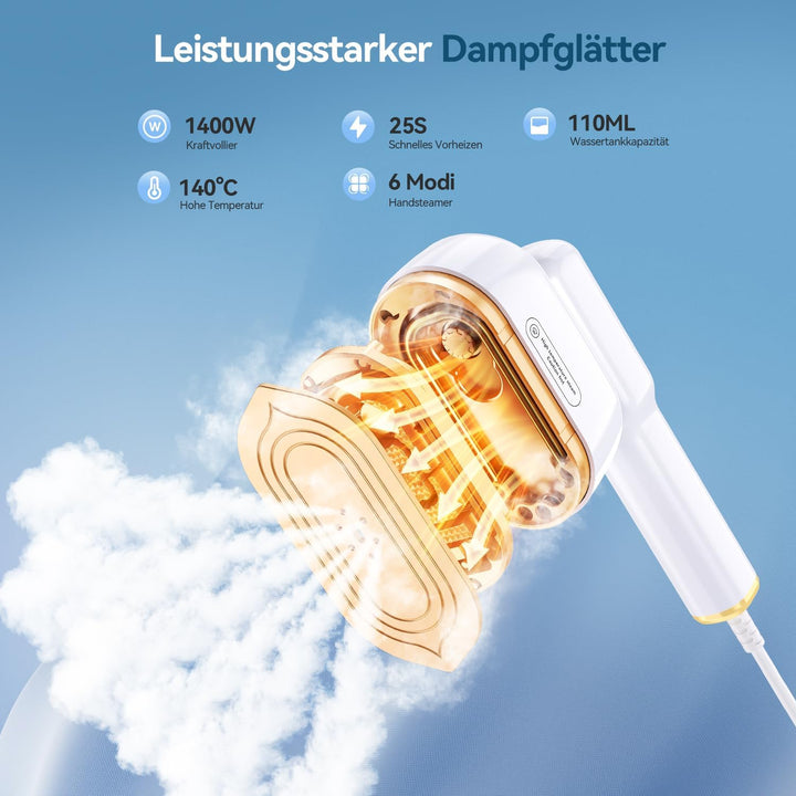 Ombrex 1400W Dampfglätter Steamer, 3-in-1 Handbügeleisen Dampf mit LED-Anzeige, Tragbarer Dampfglätt