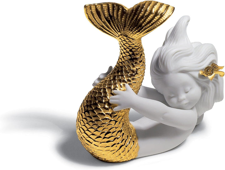 LLADRÓ Meerjungfrau-Figur Spielen Am Meer. Gold. Meerjungfrau. Porzellan.
