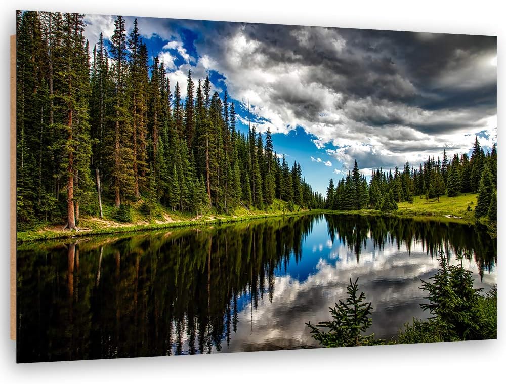 Wandbild See Modern Deko Kunst Bilder Wald Grün 90x60 cm