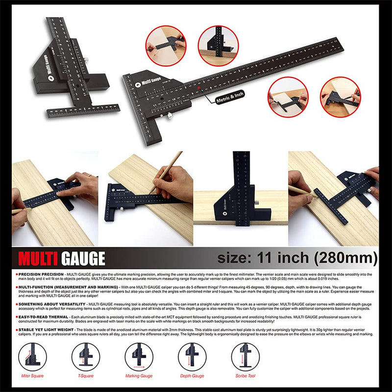 Multi-Schiebe-Tiefenmesser, Aluminiumlegierung, T-Quadrat-Lineal, Holzbearbeitungs-Anreisser, Messwe