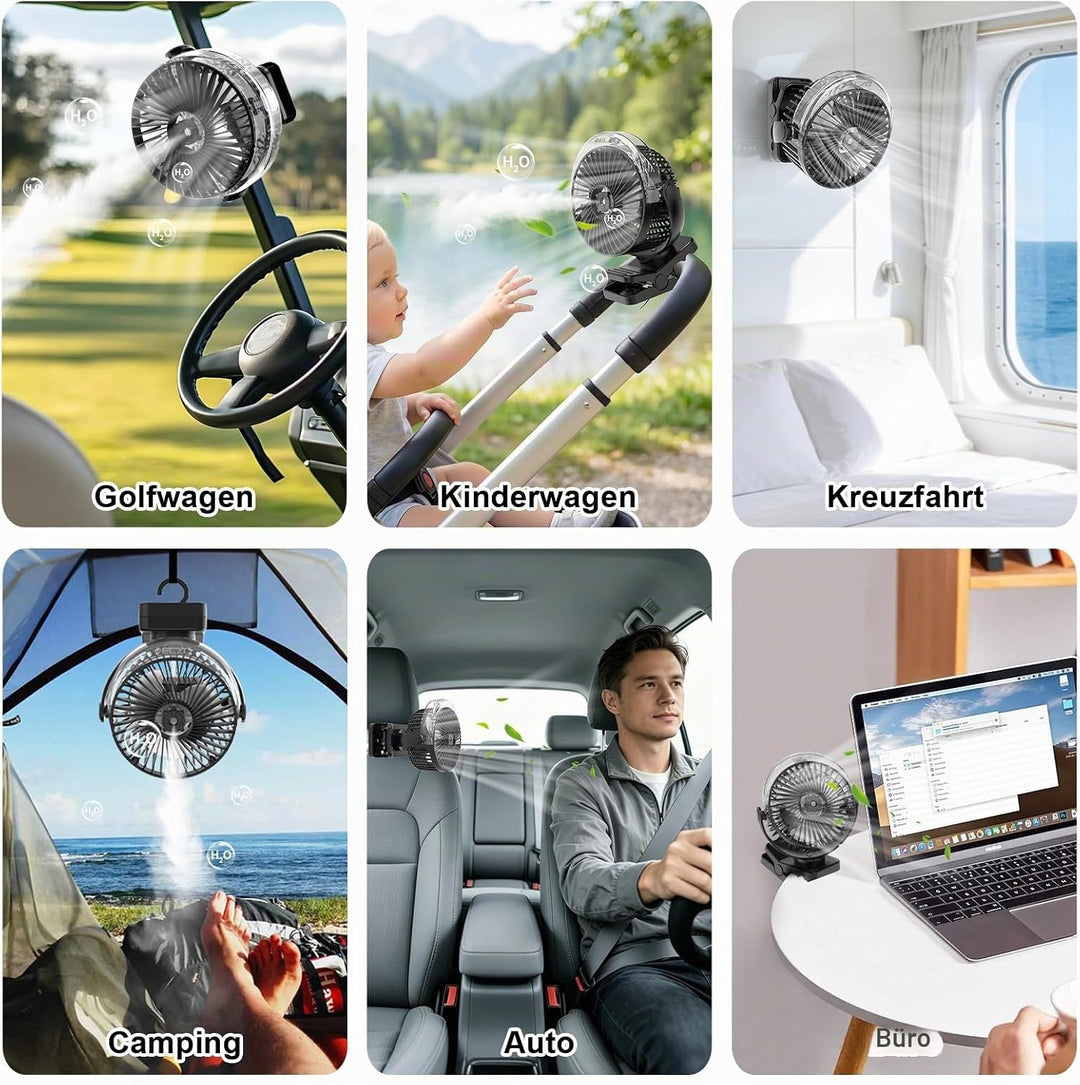 ELZO 12000mAh Campingventilator, USB-Tischventilator mit LED-Licht &amp; Sprühfunktion, Aufhängehaken un