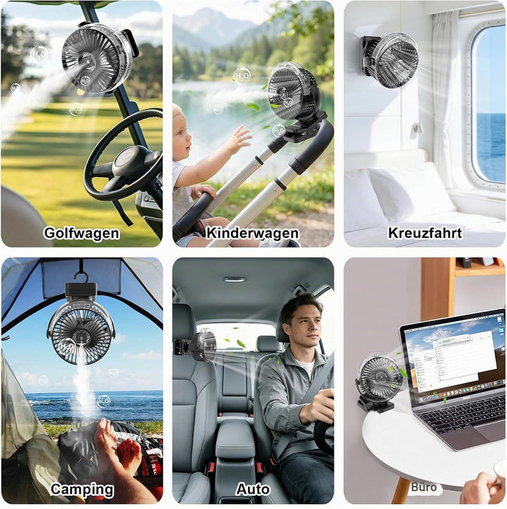 ELZO 12000mAh Campingventilator, USB-Tischventilator mit LED-Licht &amp; Sprühfunktion, Aufhängehaken un