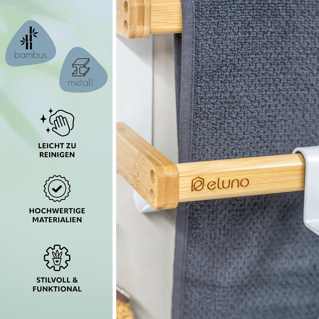 eluno Handtuchhalter 60 cm mit 2 Handtuchstangen und 6 praktischen Haken - mit hochwertigem Klebeban