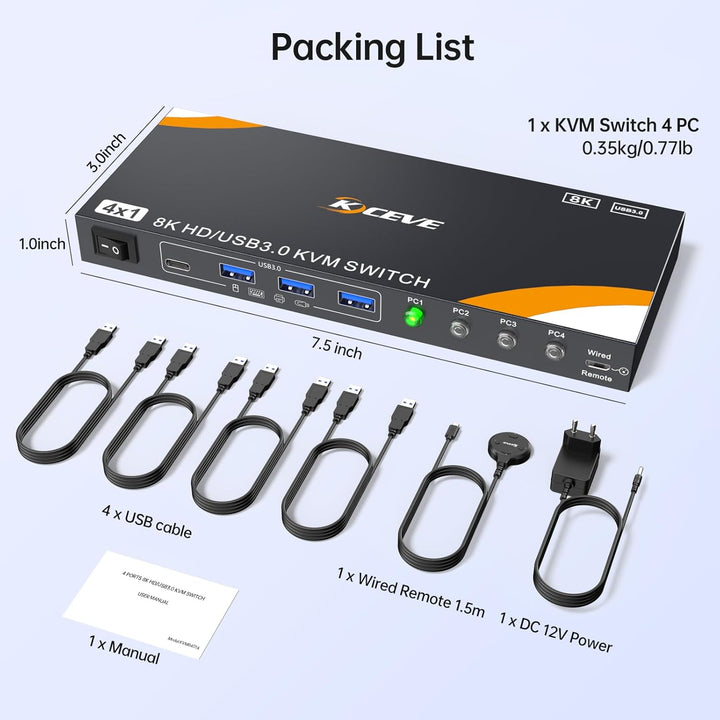 8K KVM Switch 4 PC 1 Monitor HDMI 8K@60Hz 4K@144Hz, HDMI2.1 USB 3.0 KVM Switch 4 Ports für 4 PC Teil