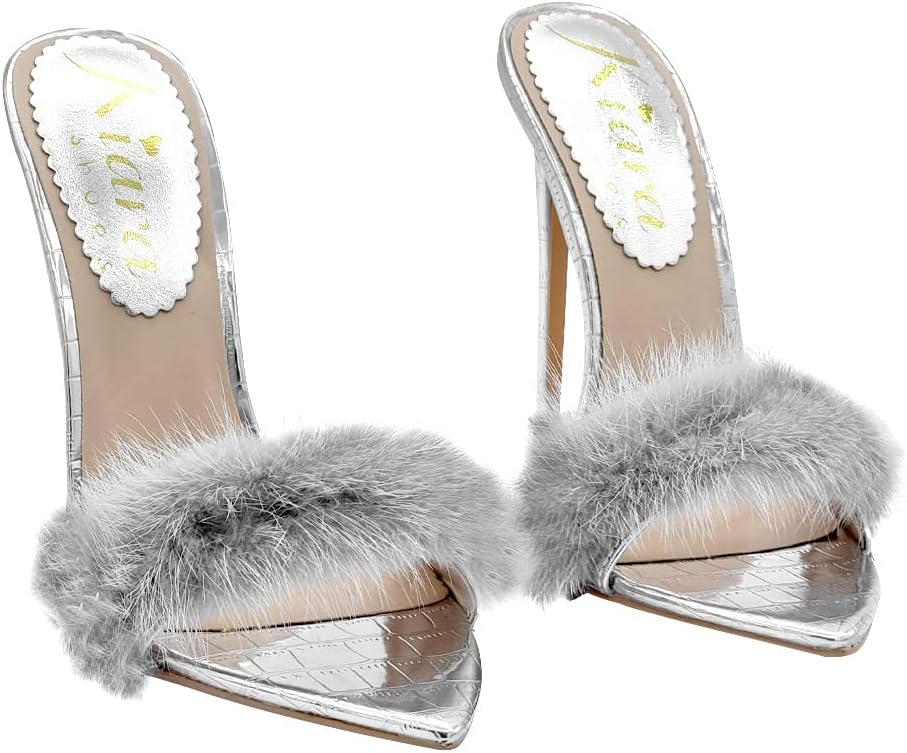 Sandalen mit spitzer Zehenpartie und silbernem Absatz - Made in Italy - KC14 Argento (38 EU, Silber)