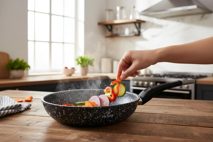 Wokpfanne 28 cm - Tiefe Pfanne mit Granit-Beschichtung - für alle Herdarten - für Asiatische Küche u