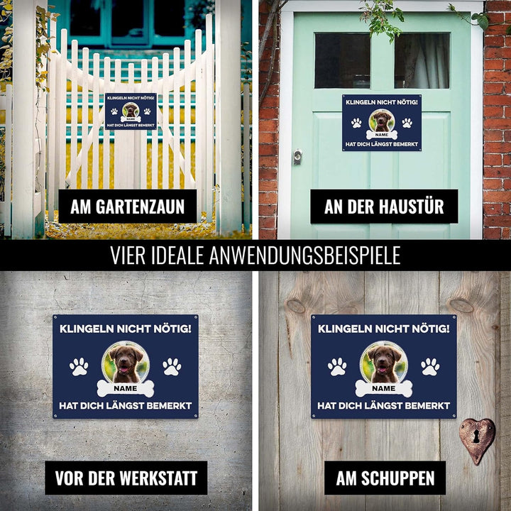 Hunde Schild personalisiert - Klingeln nicht nötig - Metallschild mit Foto und Name für aussen, wett