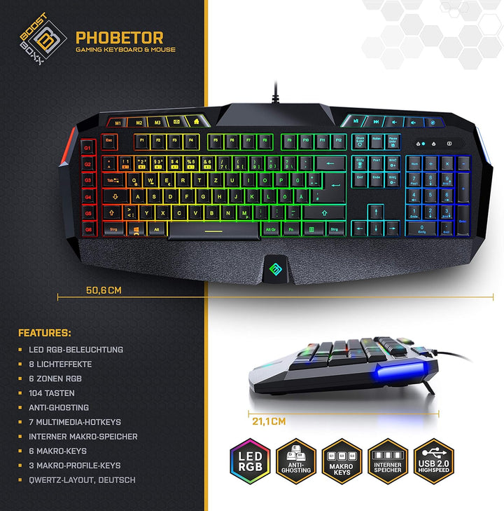 BoostBoxx Phobetor - Gaming Tastatur & Maus Set mit RGB-Beleuchtung - QWERTZ-Tastatur mit programmie
