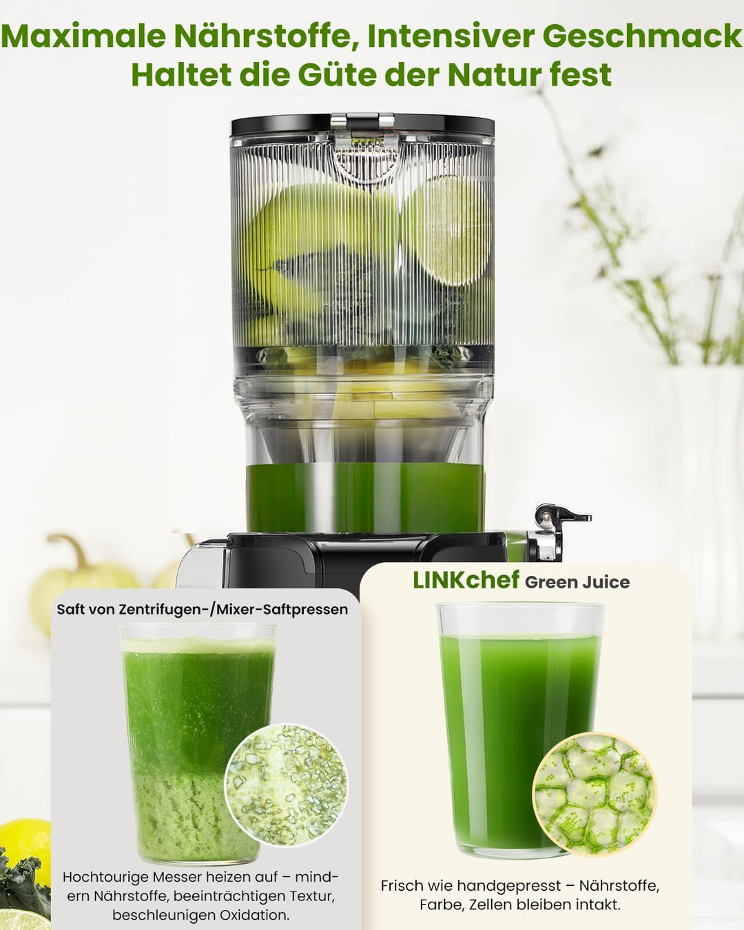 LINKChef Schnellreinigungs Entsafter, NO-Prep Entsafter Gemüse und Obst, Blitzreiniger Saftpresse Sl