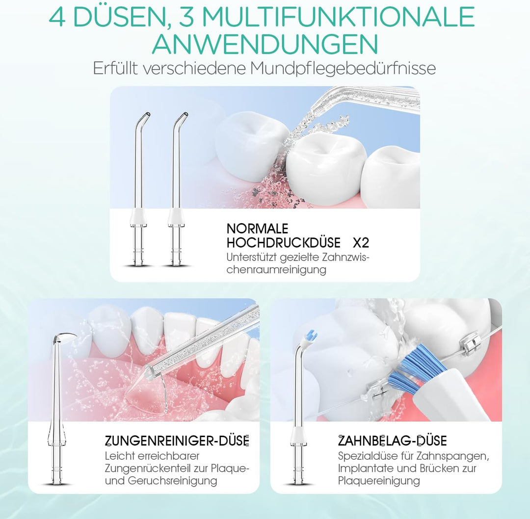 VOYOR-HEALTH Munddusche kabellos, Tragbar Water Flosser für Zähne 3 Modi &amp; 4 Düsen, Wiederaufladbar