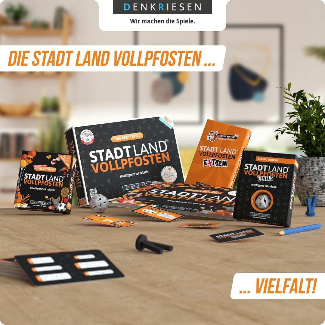 DENKRIESEN - Stadt Land Vollpfosten® Das Brettspiel | Grundspiel inkl. Junior Erweiterung | Ab 8 Jah