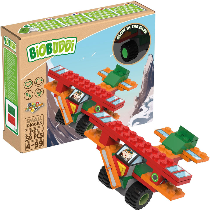 BIOBUDDI Creations | Flugzeug Doppeldecker & Solar-Panel, Reifen leuchten im Dunkeln, 60 Teile, 100%