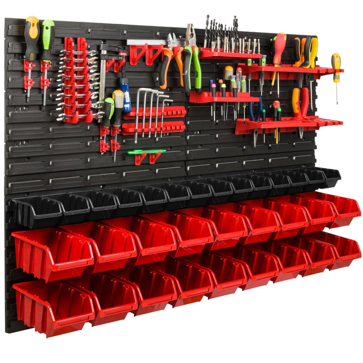 Lagersystem Werkstattregal | 115 x 78 cm | 32 stck. Box | Wandregal mit Werkzeughalterungen und Stap