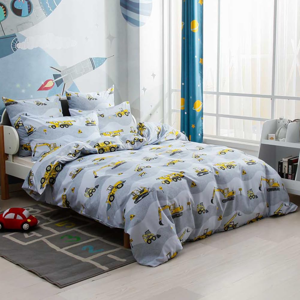 Kinder Jungen Bettwäsche 135x200 Bagger Baustelle & LKW Motiv Kinderbettwäsche Set 100% Mikrofaser W