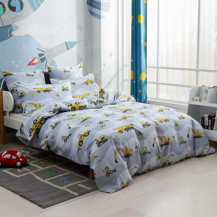 Kinder Jungen Bettwäsche 135x200 Bagger Baustelle & LKW Motiv Kinderbettwäsche Set 100% Mikrofaser W