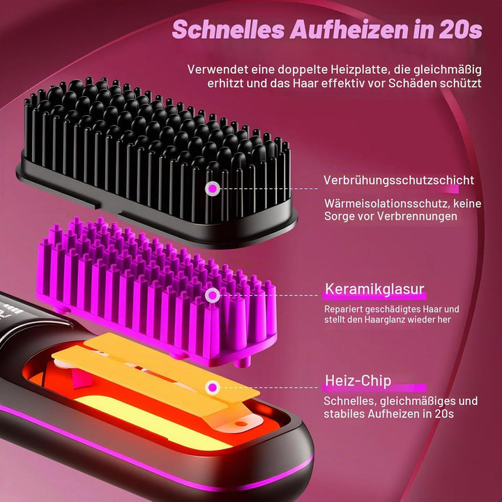 Kabellose Glättbürste, Mini Haarglätter Bürste, Negativ Ionen Glätteisen, Haarglätterbürste mit LED-