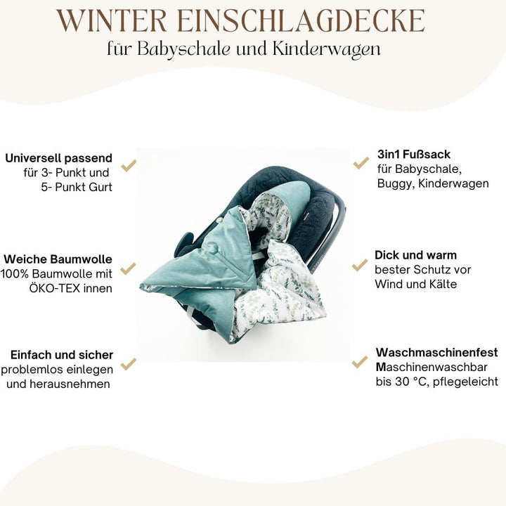 BABEES© Wattierte Einschlagdecke mit Füllung für Babyschale Autositz, Universal,V warm Minky VBaby D