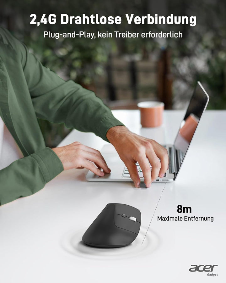 acer Ergonomische Maus Kabellos, Wiederaufladbare 2.4GHz Vertikale Maus mit 3 Einstellbaren DPI, 6 T