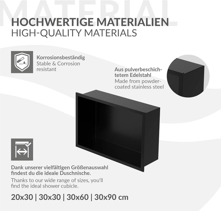LuxeBath Wandnische aus Edelstahl, 20x30x10 cm, Schwarz, Duschnische mit Rahmen, Einbauregal, Flexib