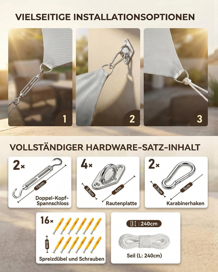 Sonnensegel Wasserdicht 3x4m Rechteckig, Premium HDPE 98% UV Atmungsaktiv, Mit Befestigung Set Und R