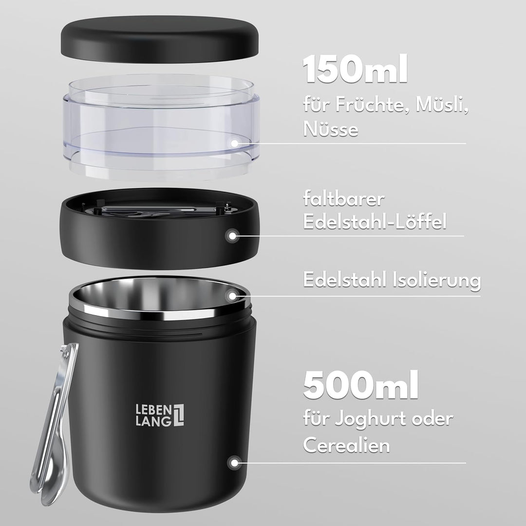 LEBENLANG 650ml Müslibecher To Go mit Löffel - Mit Isolierender Edelstahlinnenwand I Müslibox Joghur