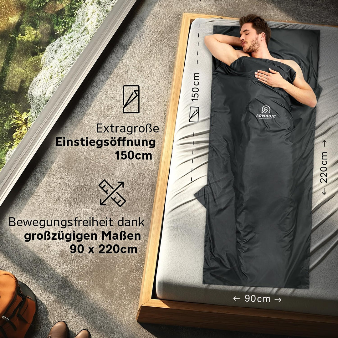 Armadic Hüttenschlafsack aus Mikrofaser (nur 230g) - Ultra leicht, klein und dünn. Reiseschlafsack,
