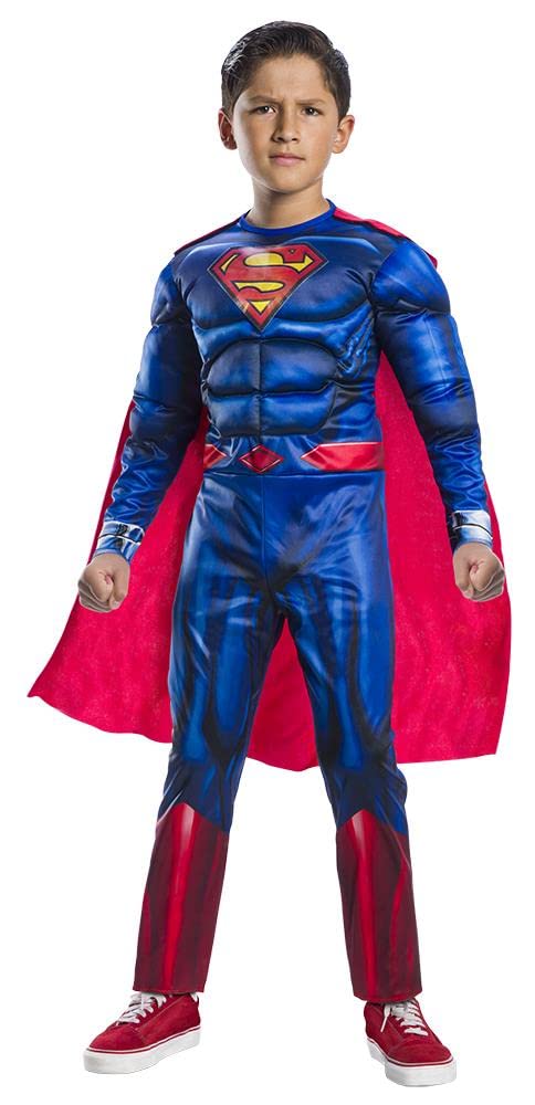 Rubies Superman Black Line Deluxe Kostüm für Kinder, Jumpsuit mit muskulöser Brust und Umhang, offiz