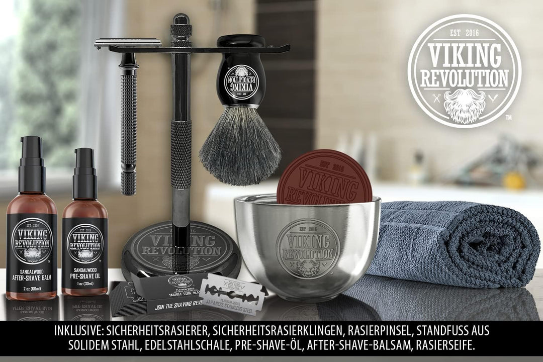 Viking Revolution - Luxus Rasierset Für Manner - Sicherheitsrasierer mit Doppelter Schneide, Ständer