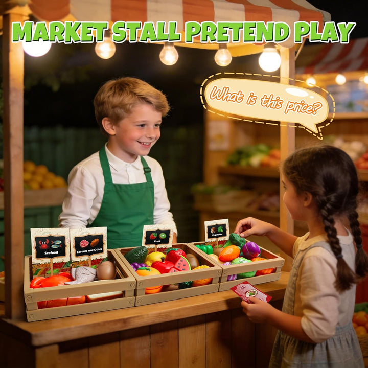 BunnyJOY Kinderküche Spielküche Zubehör, Kaufladen Kaufmannsladen Zubehör, Einkaufskorb Kinder, Gemü